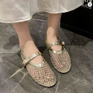 Mary Jane Ballet Flat Shoes Embellished Mesh Flats gold color